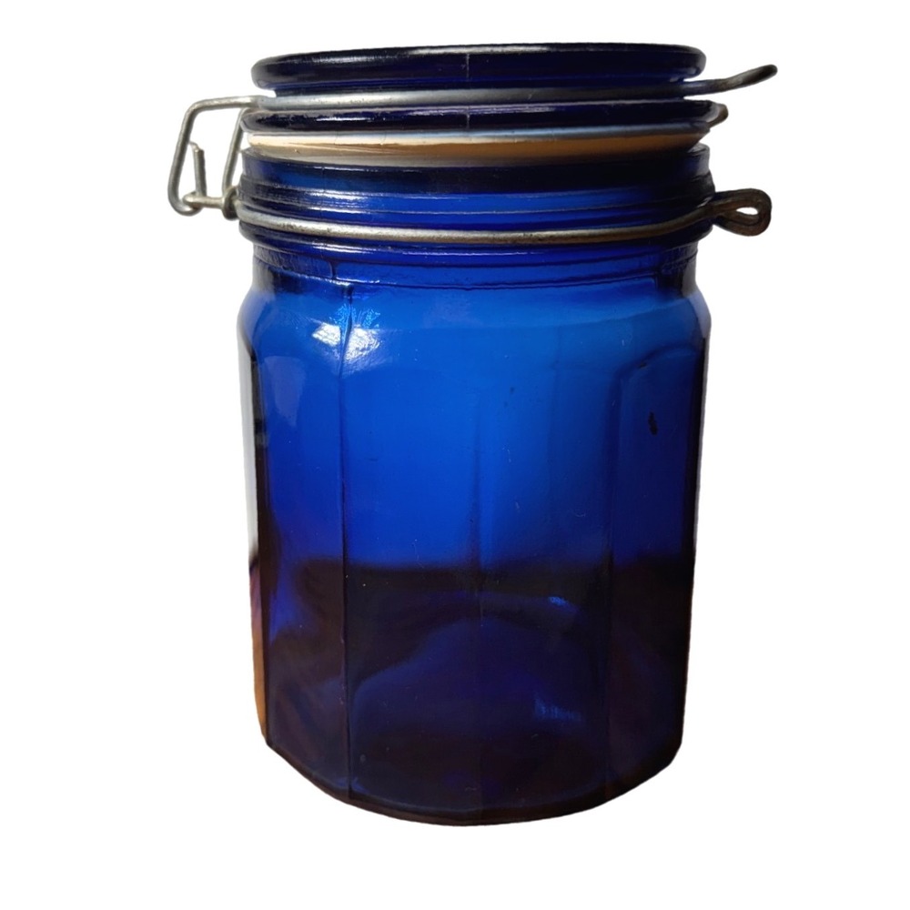 Cobalt Blue Glass Canister Octagonal Jar with Wire Bale Swing Top Lid see note